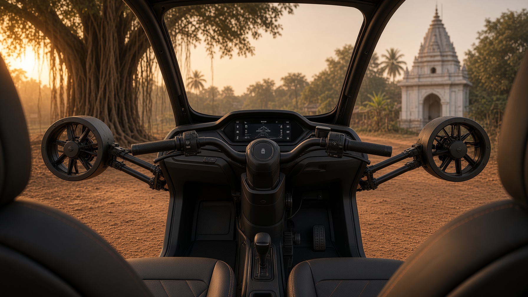Cockpit of the TRIYAN T2 looking out over a rural road