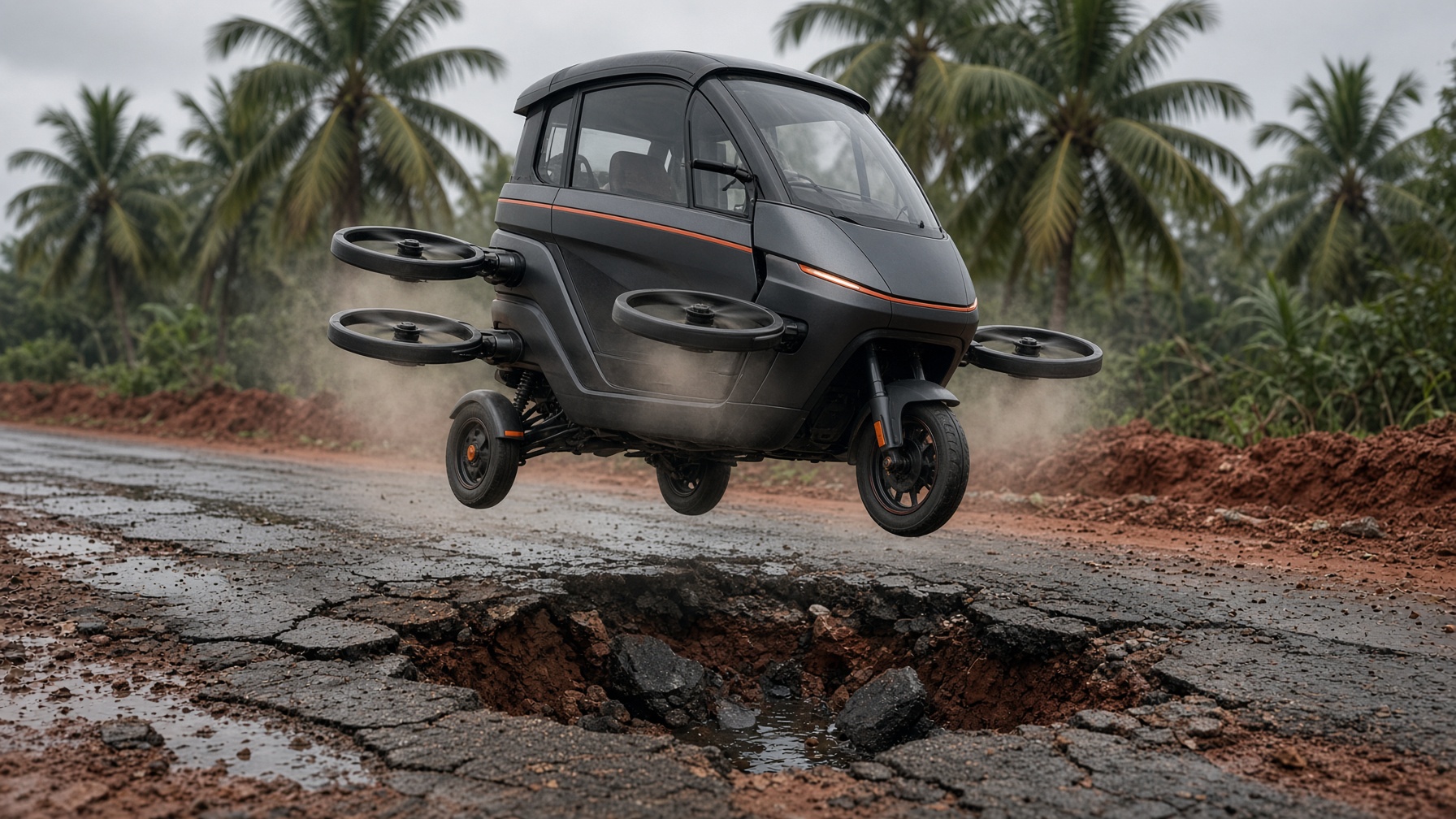 TRIYAN hovering over a cratered pothole