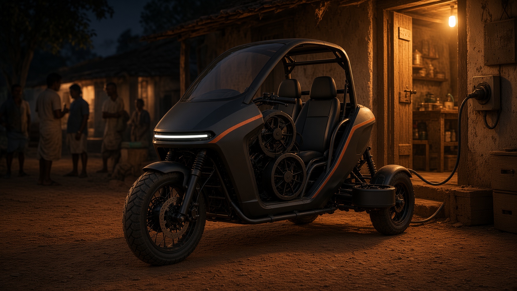 TRIYAN charging at a village shop at night