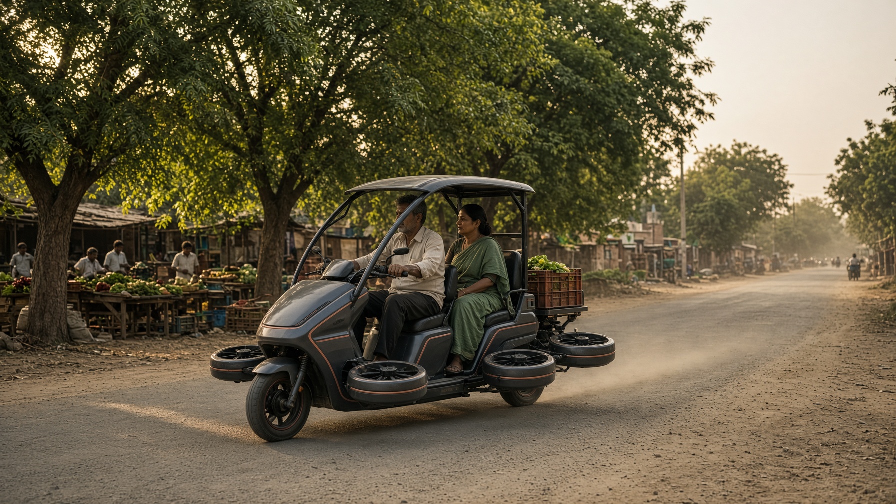 Two riders on a TRIYAN T2 on a rural market road